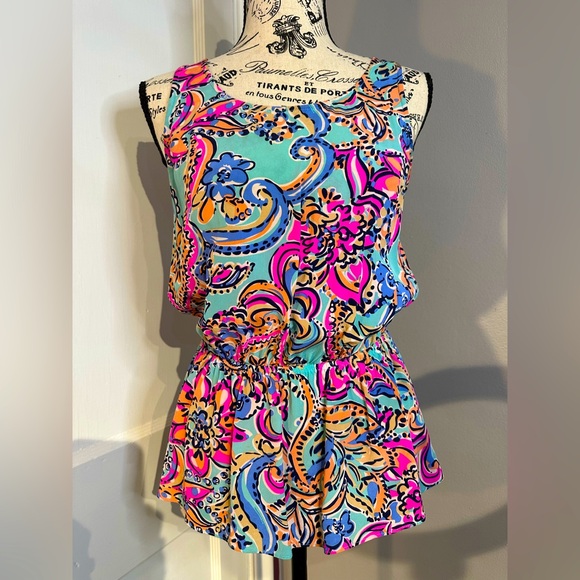 Lilly Pulitzer Tops - Lilly Pulitzer Vibrant Aqua Bait & Switch Silk Dune Peplum Tank Pink Navy Sz XS